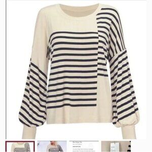 CABI Box Stripe Tee Bell Sleeve Cream and Navy Sz L #4237 NWOT